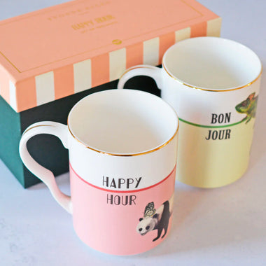 Yvonne Ellen Bonjour/Happy Hour Set of 2 Mugs